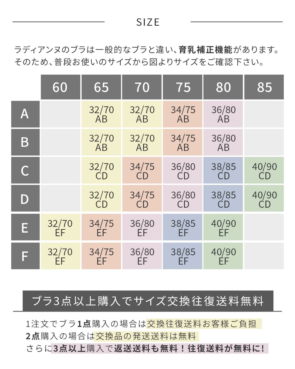 サイズがない場合】色分けの姉妹サイズもお試しください。カップを上げてアンダーを下げる(C85→D80)または、カップを下げてアンダーを上げる(F65→E70)。サイズ展開はA70からG90まで（斜めの同色は姉妹サイズ）。ブラ3点以上購入でサイズ交換往復送料無料。1注文でブラ1点購入の場合は交換往復送料お客様ご負担、2点購入の場合は交換品の発送送料は無料、さらに3点以上購入で返送送料も無料！往復送料が無料に！