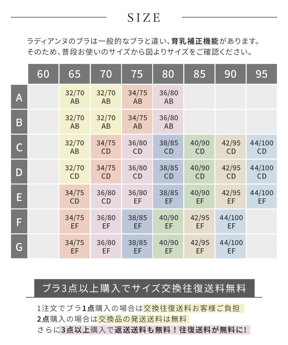 サイズがない場合】色分けの姉妹サイズもお試しください。カップを上げてアンダーを下げる(C85→D80)または、カップを下げてアンダーを上げる(F65→E70)。サイズ展開はA70からG90まで（斜めの同色は姉妹サイズ）。ブラ3点以上購入でサイズ交換往復送料無料。1注文でブラ1点購入の場合は交換往復送料お客様ご負担、2点購入の場合は交換品の発送送料は無料、さらに3点以上購入で返送送料も無料！往復送料が無料に！