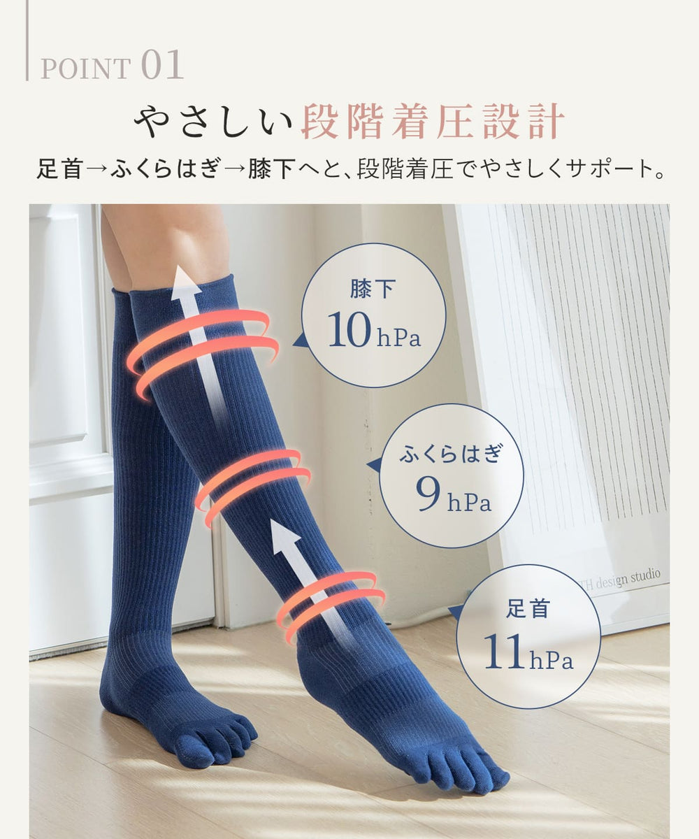 靴下 レディース ハイソックス 綿混 やさしい 5本指着圧ソックスライト